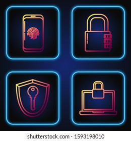 Set line Laptop and lock , Shield with key , Smartphone with fingerprint scanner  and Safe combination lock . Gradient color icons. Vector
