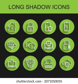 Set line Laptop and lock, Shield with cyber security brick wall, House under protection, Safe combination, Cloud shield, Protection of personal data,  and protected icon. Vector