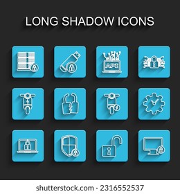 Set line Laptop and lock, Shield security with, Server, Open padlock, Lock on monitor, Broken cracked, Time Management and Electric scooter icon. Vector