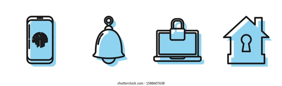 Set line Laptop and lock , Smartphone with fingerprint scanner , Ringing bell  and House under protection  icon. Vector
