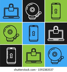 Set line Laptop and lock , Smartphone with lock  and Ringing alarm bell  icon. Vector