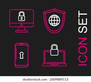 Set line Laptop and lock, Smartphone with, Shield world globe and Lock computer monitor screen icon. Vector