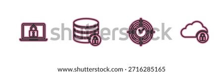 Set line Laptop and lock, Time Management, Server security with and Cloud computing icon. Vector