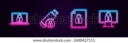 Set line Laptop and lock, USB flash drive with, Document and Lock on monitor. Glowing neon icon. Vector