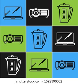 Set line Laptop , Measuring cup and Presentation, movie, film, media projector  icon. Vector