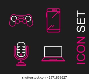 Set line Laptop, Microphone, Smartphone, mobile and Gamepad icon. Vector