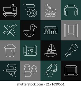 Set line Laptop, Microphone, Swing, Roller skate, Rubber duck, Toy plane, truck and Music synthesizer icon. Vector