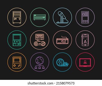 Set line Laptop, Mobile and playing in game, Microphone, Game console with joystick, Retro arcade machine, Computer, keyboard and Video icon. Vector
