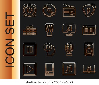 Set line Laptop with music note, Stereo speaker, Music synthesizer, Radio antenna, Drum, equalizer,  and Musical in speech bubble icon. Vector