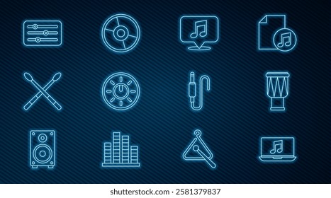 Set line Laptop with music note, Drum, Musical in speech bubble, Dial knob level technology settings, sticks, Sound mixer controller, Audio jack and CD or DVD disk icon. Vector