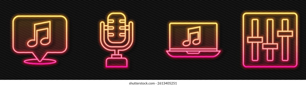 Set line Laptop with music note, Musical note in speech bubble, Microphone and Sound mixer controller. Glowing neon icon. Vector