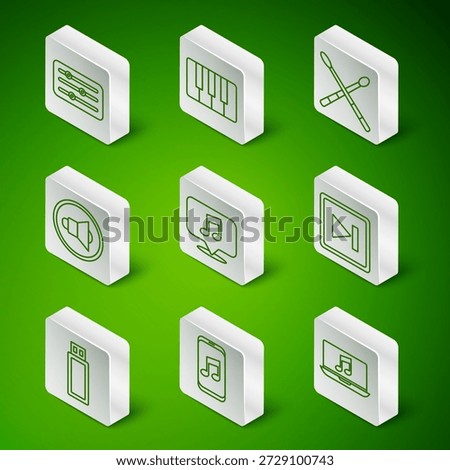 Set line Laptop with music note, Music player, Sound mixer controller, Musical in speech bubble, Speaker volume, synthesizer, USB flash drive and Fast forward icon. Vector