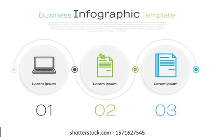 Set line Laptop, Note paper with pinned pushbutton and File document. Business infographic template. Vector