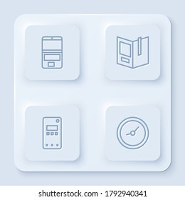 Set line Laptop, Open book, Mobile phone and Clock. White square button. Vector