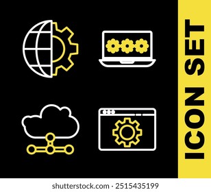 Ordenador portátil con Contraseña, configuración del navegador, conexión a la nube de red e ícono de globo terráqueo y engranaje. Vector