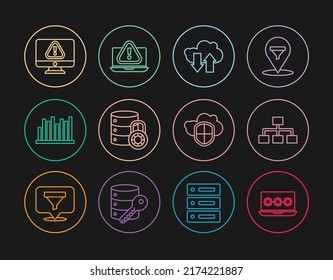 Set line Laptop with password, Hierarchy organogram chart, Cloud download and upload, Server security lock, Pie infographic, Monitor exclamation mark, shield and  icon. Vector