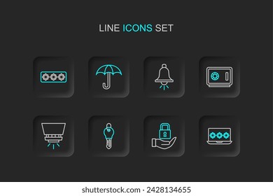 Set line Laptop with password, Lock, Key, Fire sprinkler system, Safe, Ringing alarm bell, Umbrella and Password protection icon. Vector