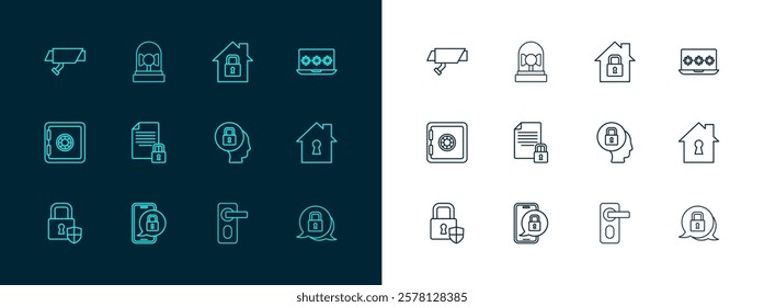 Set line Laptop with password, Mobile closed padlock, Lock, Fingerprint door, Document and, House under protection, Security camera and Ringing alarm bell icon. Vector