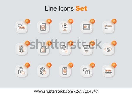 Set line Laptop with password, Open padlock, Mobile fingerprint scanner, Cancelled, Shield security, Cloud computing, Fire sprinkler system and Lock icon. Vector