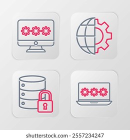Set line Laptop with password, Server security lock, Globe of the Earth and gear and Monitor icon. Vector