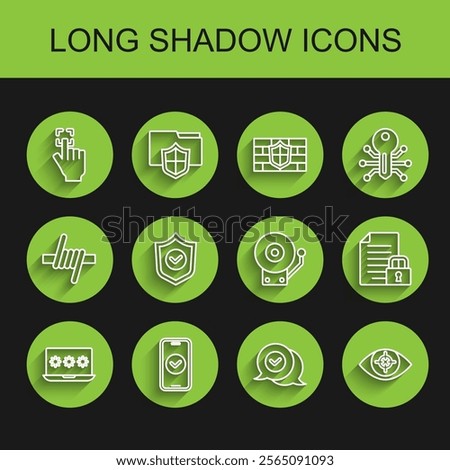 Set line Laptop with password, Smartphone, Fingerprint, Check mark speech bubble, Eye scan, Shield check, Document and lock and Ringing alarm bell icon. Vector