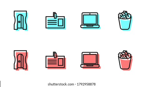 Set line Laptop, Pencil sharpener, Identification badge and Full trash can icon. Vector