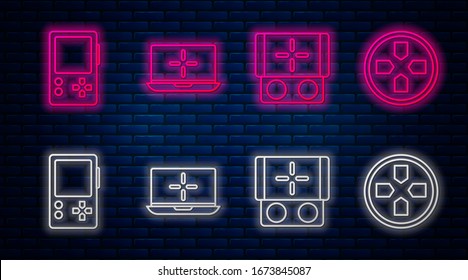 Set line Laptop, Portable video game console, Portable video game console and Gamepad. Glowing neon icon on brick wall. Vector