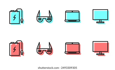 Set line Laptop, Power bank with charge cable, Smart glasses and Computer monitor screen icon. Vector