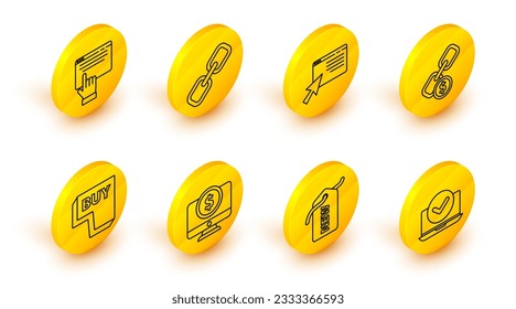 Set line Laptop, Price tag with New, Computer monitor dollar, Buy button, Chain link and coin, Online shopping screen,  and  icon. Vector