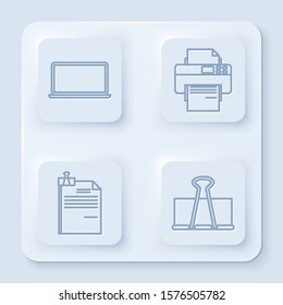 Set line Laptop, Printer, File document and binder clip and Binder clip. White square button. Vector