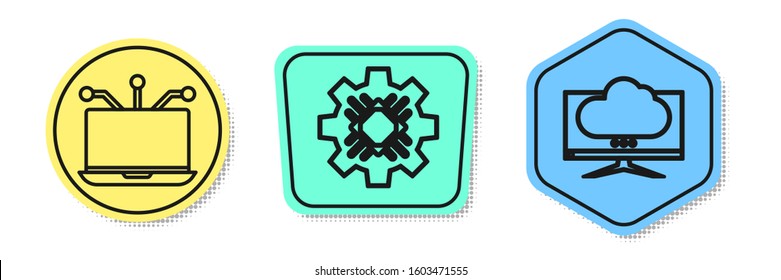 Set line Laptop, Processor and Computer monitor screen. Colored shapes. Vector