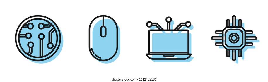Set line Laptop, Processor, Computer mouse and Processor icon. Vector