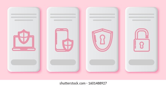 Set line Laptop protected with shield, Smartphone with security shield , Shield with keyhole  and Open padlock . White rectangle button. Vector