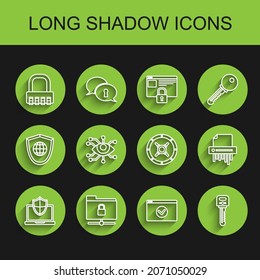 Establecer la línea Portátil protegida con blindaje, carpeta FTP y bloqueo, combinación de seguridad, Proteger su sitio HTTPS, SSL, Key, Eye scan, Paper shredder confidencial e icono. Vector