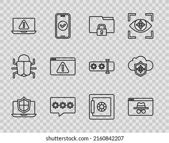 Set line Laptop geschützt mit Schild, Browser Incognito Fenster, Ordner und Schloss, Passwortschutz, Ausrufezeichen, Safe und Cloud Symbol. Vektorgrafik