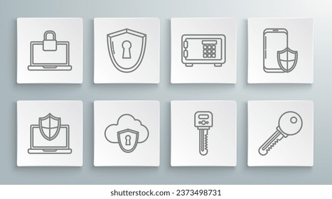 Set line Laptop protected with shield, Shield keyhole, Cloud and, Key, Safe, Smartphone security and lock icon. Vector