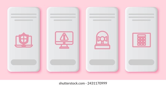Set line Laptop protected with shield, Monitor exclamation mark, Flasher siren and Password protection. White rectangle button. Vector