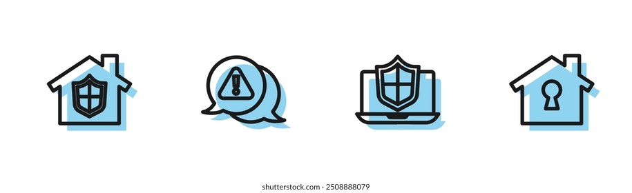 Set line Laptop protected with shield, House under protection, Exclamation mark in triangle and  icon. Vector
