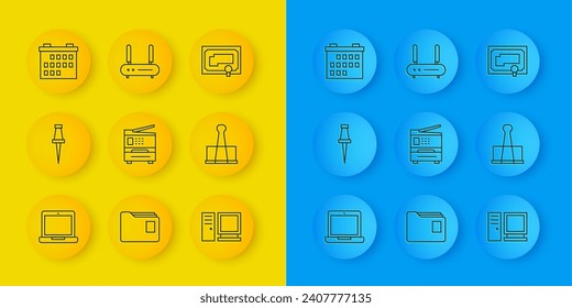 Configure la línea Laptop, pin Push, Printer, Computer Monitor, Binder clip, Calendar, Certificate Template y Router e icono de señal wi-fi. Vector