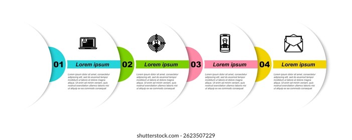 Defina a linha Laptop com currículo, caça de cabeça, contato de Smartphone e E-mail e e-mail. Modelo de infográfico comercial. Vetor
