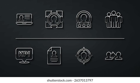 Set line Laptop with resume, Key performance indicator, Users group, Head hunting, Resume, Project team base and Create account screen icon. Vector