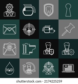 Set line Laptop with resume, Profile settings, Push pin, Dental protection, Head hunting, Envelope Valentine heart, gear inside and Coffee pot cup icon. Vector