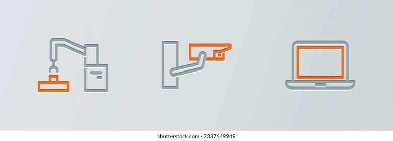 Set line Laptop, Robotic robot arm hand factory and Security camera icon. Vector