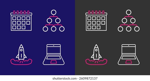 Set line Laptop, Rocket, Hierarchy organogram chart and Calendar icon. Vector
