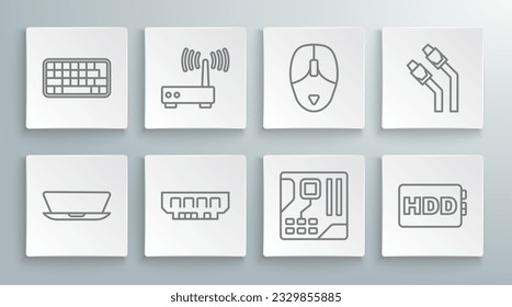 Set line Laptop, Router and wi-fi signal, RAM, random access memory, Motherboard digital chip, Hard disk drive HDD, Computer mouse, LAN cable network internet and Keyboard icon. Vector