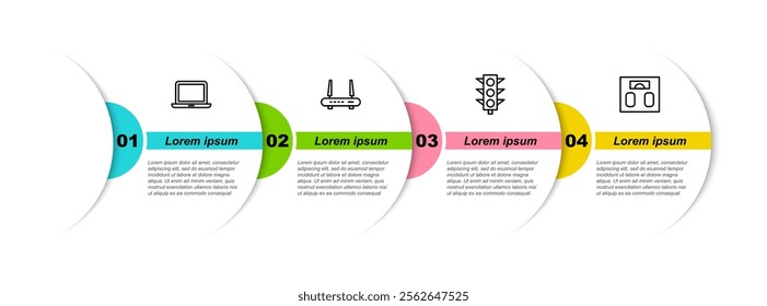 Set line Laptop, Router and wi-fi signal, Traffic light and Bathroom scales. Business infographic template. Vector