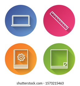 Set line Laptop, Ruler, User manual and File document. Color circle button. Vector