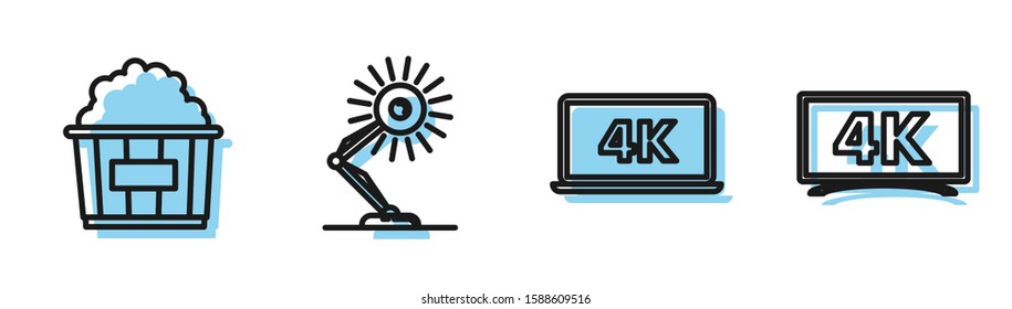 Set line Laptop screen with 4k video technology , Popcorn in cardboard box , Table lamp  and Screen tv with 4k Ultra HD video technology  icon. Vector