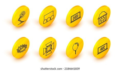 Línea Pantalla de portátil con tecnología de vídeo de 4k, cinta de globo, foco de la película, globo de burbuja de texto Bang boom, caja de cartón Popcorn, HD e icono de lámpara de mesa. Vector