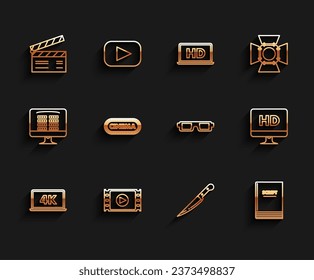 Set line Laptop screen with 4k video technology, Play Video, Movie clapper, Knife, Scenario, Cinema poster design template, Computer PC monitor HD and 3D cinema glasses icon. Vector